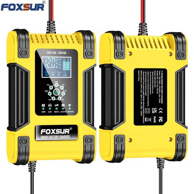 Импульсное зарядное устройство FOXSUR 12V 12A / 24V 6A с дисплеем и функцией восстановления - изображение 3