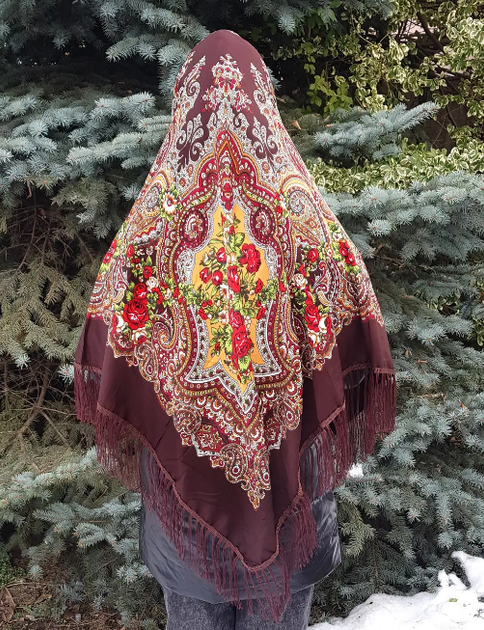 Українська народна хустка Надія 140*140 см коричнева - Фото 1 Українська народна хустка Надія 140*140 см коричнева - зображення 1