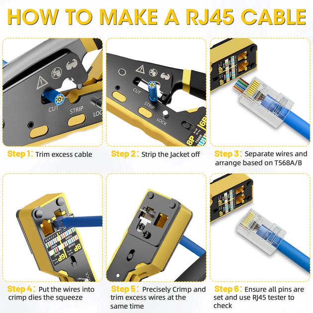 Обжимной инструмент RJ-45/11 CAT6/CAT5 для снятия изоляции сетевого кабеля и обжима 6P/8P - изображение 5
