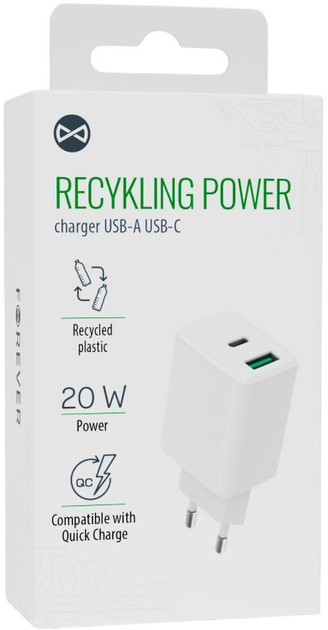 Мережевий зарядний пристрій Forever Recycling USB-A + USB-C 20 Вт White (5909000571822) - зображення 6