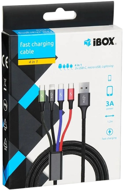 Kabel iBOX 4in1 USB Type-A - microUSB/Lightning/2 x USB Type-C M/M 1.2 m Black (5903968680275) - obraz 6