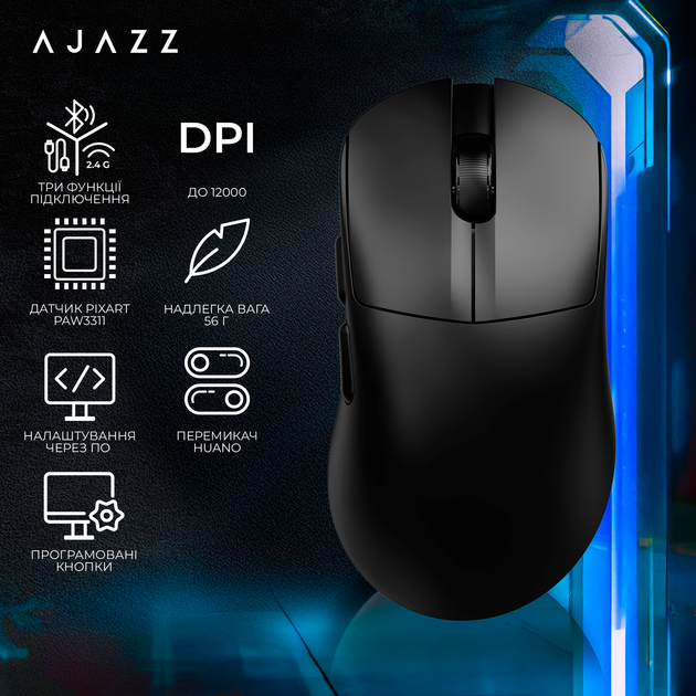 Мышь Ajazz AJ179 V2 MAX Wireless/Bluetooth/USB Black (AJ179-V2-MAX-B) - Фото 6 Мышь Ajazz AJ179 V2 MAX Wireless/Bluetooth/USB Black (AJ179-V2-MAX-B) - изображение 6