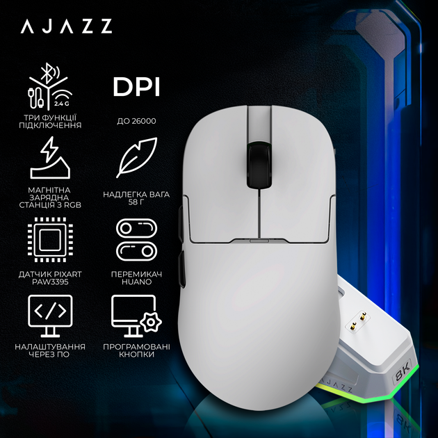 Миша Ajazz AJ159PRO Wireless/Bluetooth/USB White Charging Dock (AJ159-PRO-W) - Фото 5 Миша Ajazz AJ159PRO Wireless/Bluetooth/USB White Charging Dock (AJ159-PRO-W) - изображение 5