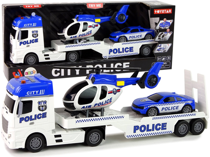 Zestaw zabawek LEAN Toys Policja z dźwiękiem i światłem Laweta z rampą + Autko + Helikopter 12959 (5905323211353) - obraz 2