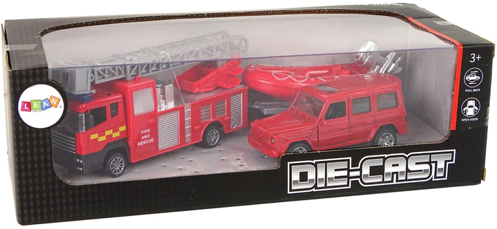Zestaw zabawek LEAN Toys Wóz Straż pożarna + Auto z napędem + Motorówka z przyczepką Czerwona 13311 (5905323215139) - obraz 1