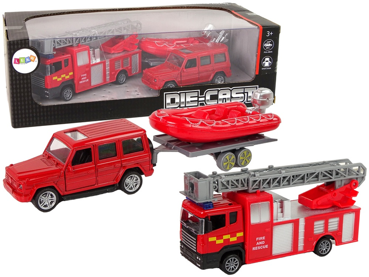 Zestaw zabawek LEAN Toys Wóz Straż pożarna + Auto z napędem + Motorówka z przyczepką Czerwona 13311 (5905323215139) - obraz 2