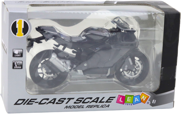Zabawka LEAN Toys Motocykl sportowy metalowy ze światłami i dźwiękami z srebrnymi elementami 1:12 Czarny 22627 (5905991049760) - obraz 1
