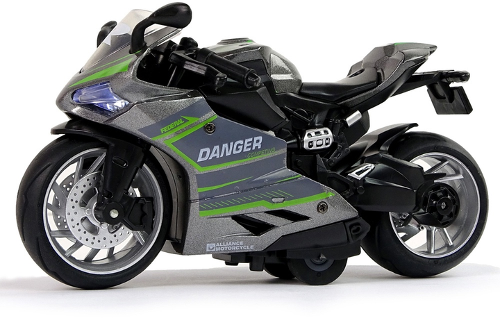 Zabawka LEAN Toys Motocykl sportowy z napędem pull-back ze światłem i dźwiękiem oraz z zielonymi pasami 1:12 Szary 12260 (5905214970369) - obraz 3