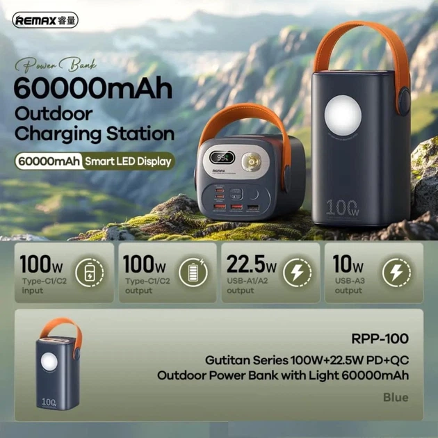 Потужний повербанк 60000mAh 100W Remax RPP-100 Gutitan 2xType-C/3xUSB з ліхтарем темно-синій – фото, відгуки, характеристики в інтернет-магазині ROZETKA від продавця: Technerik