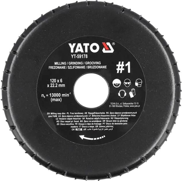 Tarcza frezowa czołowa do szlifierki kątowej Yato do drewna, szpachli, gipsu; Ø=120/22,2 mm, t= 6 mm, ziarnistość nr 1 [10] YT-59178 (5906083099564) - obraz 1