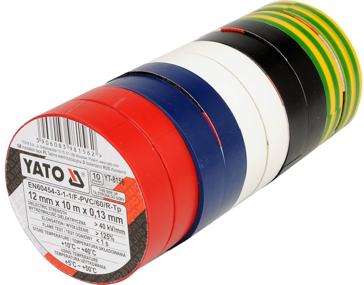 Taśma izolacyjna YATO 12 mm x 10 m 5 kolorów 10 rolek (YT-8156) - obraz 1