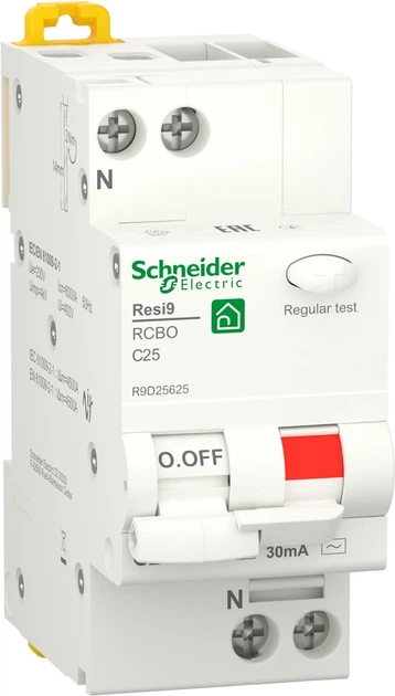 Диференціальний автомат Schneider Electric RESI9 25А 30мA 1P+N 6кA "С" тип АС R9D25625 - Фото 1 Диференціальний автомат Schneider Electric RESI9 25А 30мA 1P+N 6кA "С" тип АС R9D25625 - зображення 1