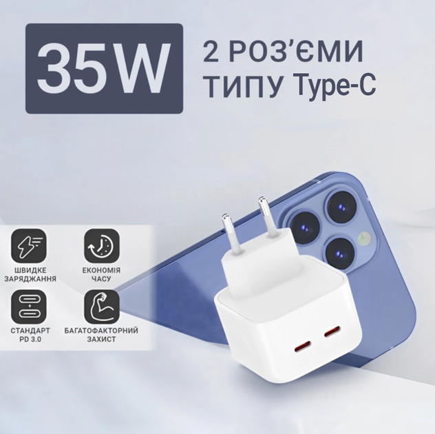 Мережевий зарядний пристрій Foxconn для Apple 35W Dual USB-C Port Power Adapter зі швидкою зарядкою + зарядний кабель для iPhone Type-C to USB-C (35612-p) - зображення 8