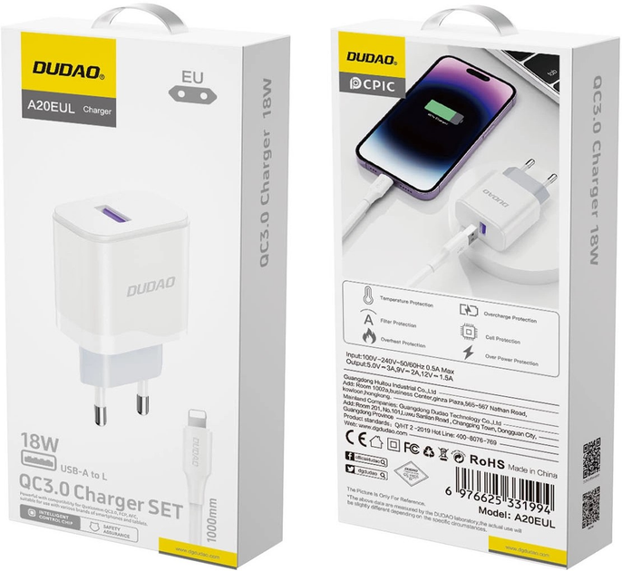 Ładowarka sieciowa Dudao A20EU USB-A 18W + kabel USB-A - Lightning White (6976625331994) - obraz 4