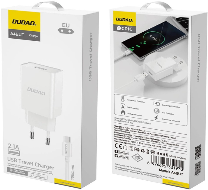 Мережевий зарядний пристрій Dudao A4EU USB-A 2.1A + кабель USB-A - USB-C White (6976625331970) - зображення 3