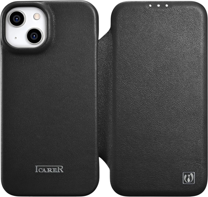 Etui z klapką iCarer Curved Edge Real Cowhide Premium Leather Folio Case do Apple iPhone 14 Plus Black (WMI14220715-BK) - obraz 1