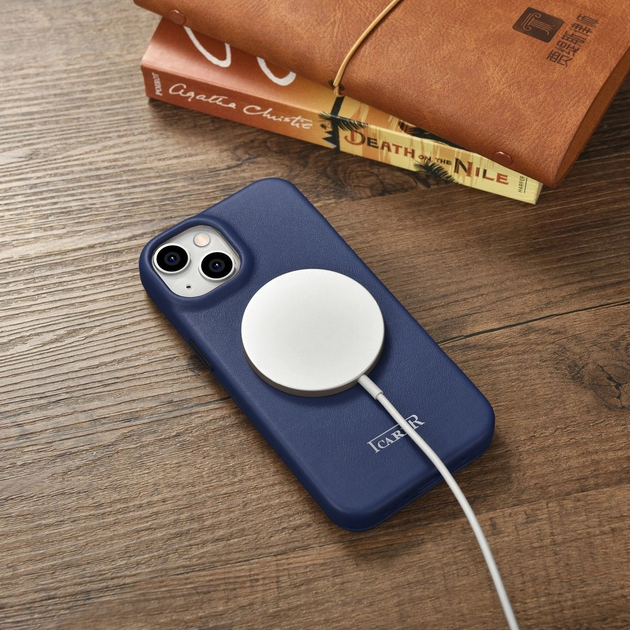 Etui z klapką iCarer Curved Edge Real Cowhide Premium Leather Folio Case do Apple iPhone 14 Plus Blue (WMI14220715-BU) - obraz 17