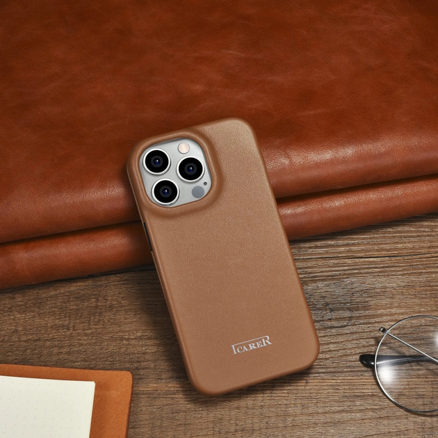 Etui z klapką iCarer Curved Edge Real Cowhide Premium Leather Folio Case do Apple iPhone 14 Pro Brown (WMI14220714-BN) - obraz 18