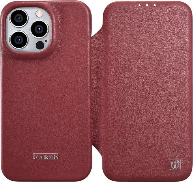 Etui z klapką iCarer Curved Edge Real Cowhide Premium Leather Folio Case do Apple iPhone 14 Pro Red (WMI14220714-RD) - obraz 1