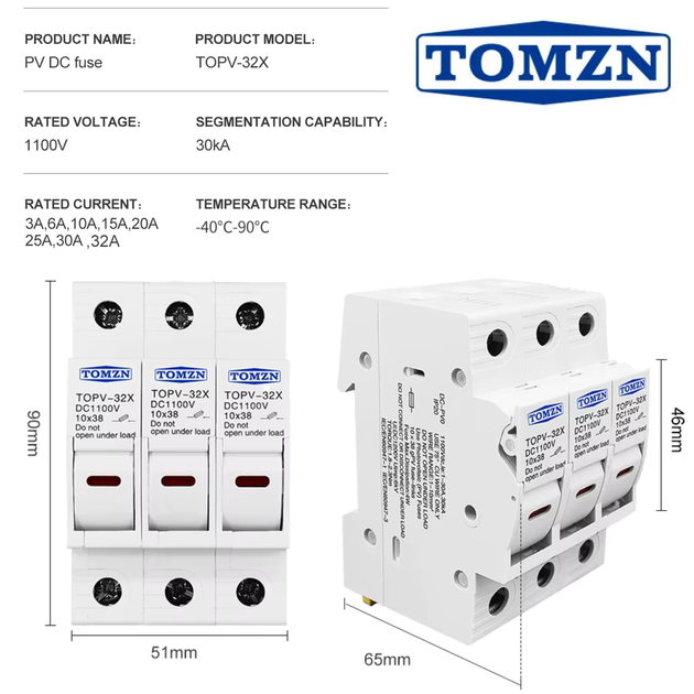 Держатель трехполюсный плавкого предохранителя TOMZN TOPV-32 3P 1100V DC с LED-индикатором для солнечных панелей - Фото 7 Держатель трехполюсный плавкого предохранителя TOMZN TOPV-32 3P 1100V DC с LED-индикатором для солнечных панелей - изображение 7