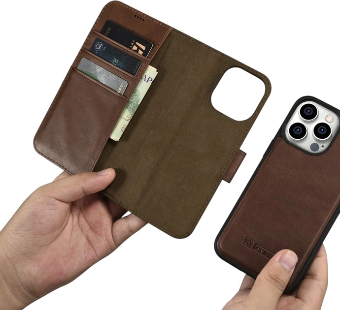 Etui z klapką iCarer Oil Wax Premium Leather 2in1 Wallet Case z RFID do Apple iPhone 14 Pro Brown (WMI14220722-BN) - obraz 13