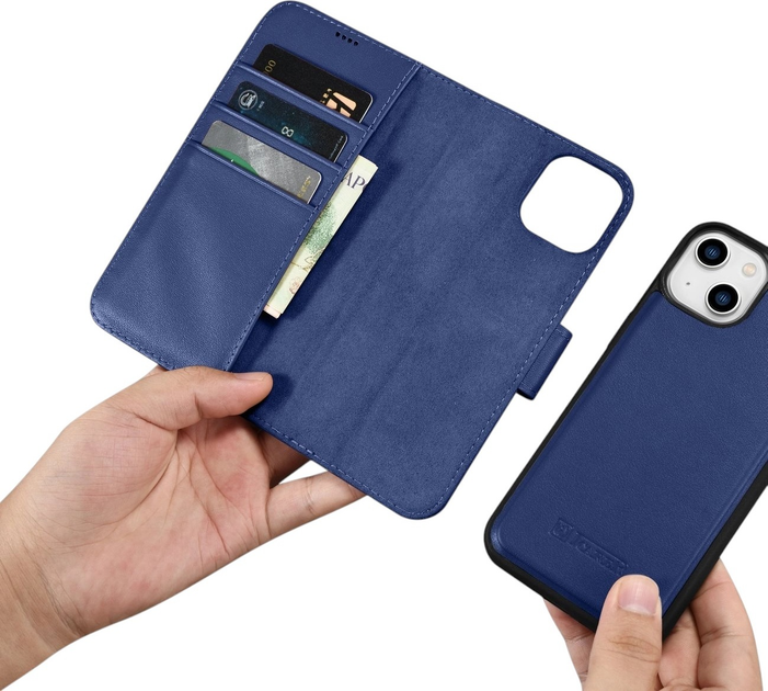Чохол-книжка iCarer Real Cowhide Premium Leather 2in1 Wallet Case з RFID для Apple iPhone 14 Plus Blue (WMI14220727-BU) - зображення 14