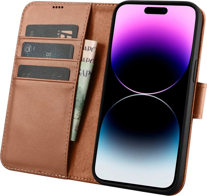 Etui z klapką iCarer Real Cowhide Premium Leather 2in1 Wallet Case z RFID do Apple iPhone 14 Pro Brown (WMI14220726-BN) - obraz 3