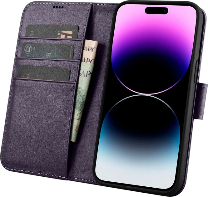 Чохол-книжка iCarer Real Cowhide Premium Leather 2in1 Wallet Case з RFID для Apple iPhone 14 Pro Dark Purple (WMI14220726-DP) - зображення 3