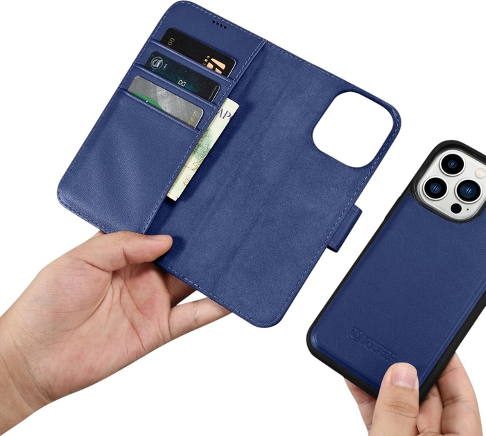Чохол-книжка iCarer Real Cowhide Premium Leather 2in1 Wallet Case з RFID для Apple iPhone 14 Pro Blue (WMI14220726-BU) - зображення 14
