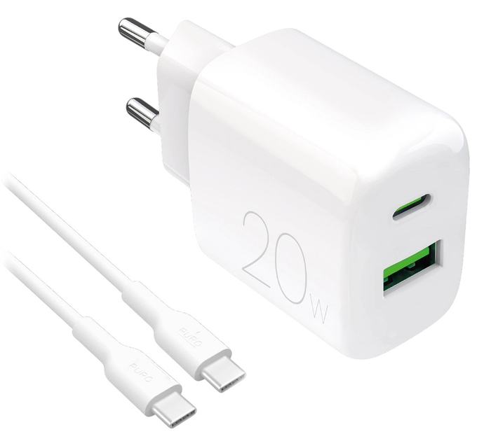 Мережевий зарядний пристрій Puro PROLITE 20W USB-A - USB-C with cable USB-C 1.2m White (8018417500039) - зображення 1