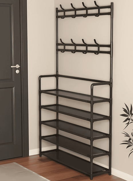 Вішалка підлогова стійка для одягу та взуття металева GTM Clothes Rack 172 х 60 х 26 см Стелаж з полицями для взуття та гачками Black - Фото 8 Вішалка підлогова стійка для одягу та взуття металева GTM Clothes Rack 172 х 60 х 26 см Стелаж з полицями для взуття та гачками Black - зображення 8