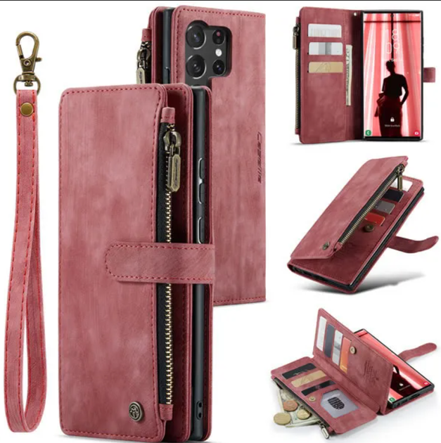 Чехол-кошелек CaseMe Retro Leather с манитом и ремешком для Samsung S22 Ultra Бордовый - изображение 3