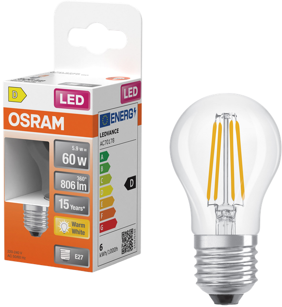 Светодиодная лампа OSRAM Filament P60 5.9W 806Lm 2700K E27 (4058075434882) - Фото 1 Светодиодная лампа OSRAM Filament P60 5.9W 806Lm 2700K E27 (4058075434882) - изображение 1