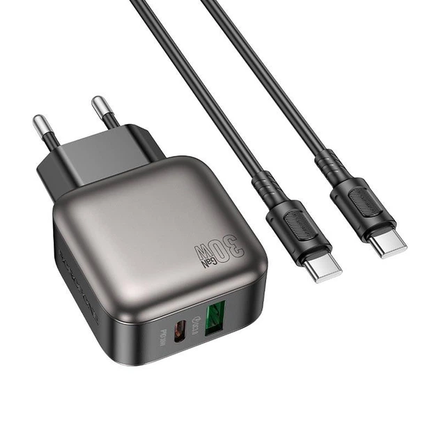 Сетевое зарядное устройство адаптер Borofone BAS55A Absolute charger set |1USB/1Type-C, 30W/3A, быстрая зарядка PD/QC, многоуровневая система защиты| с кабелем Type-C в Type-C |1 м, до 60 Вт| Черный - изображение 2