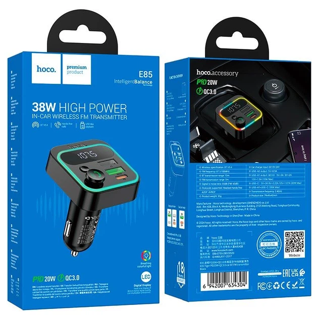 FM модулятор HOCO E85 Bluetooth для авто 20W Чорний (6942007634304) - изображение 8