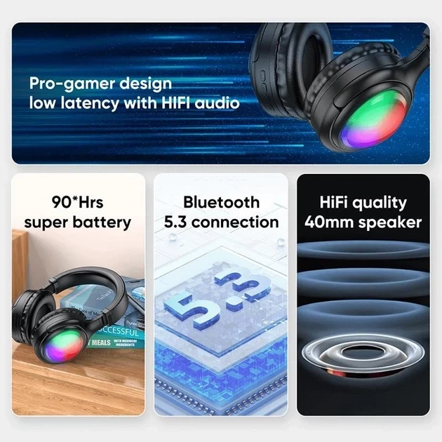 Наушники беспроводные Bluetooth c подсветкой HOCO Focus BT headphones W48 |BT5.3, AUX/BT/TF, 46h| blue - Фото 4 Наушники беспроводные Bluetooth c подсветкой HOCO Focus BT headphones W48 |BT5.3, AUX/BT/TF, 46h| blue - изображение 4