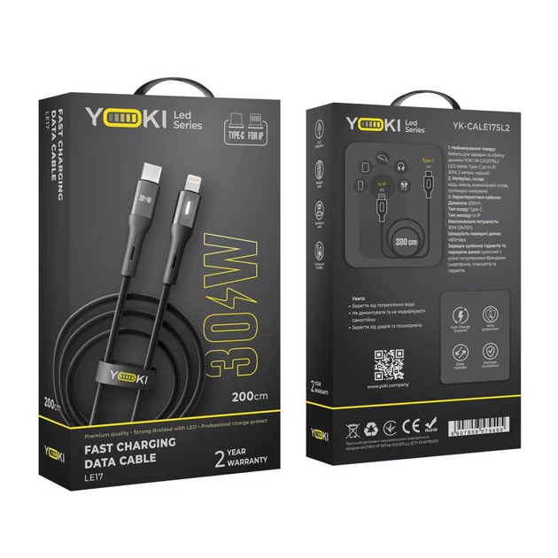 Кабель для зарядки и обмена данными USB YOKI YK-LE17 LED Series Type-C to Lightning 30W (3A/10V) 2m Black - Фото 2 Кабель для зарядки и обмена данными USB YOKI YK-LE17 LED Series Type-C to Lightning 30W (3A/10V) 2m Black - изображение 2