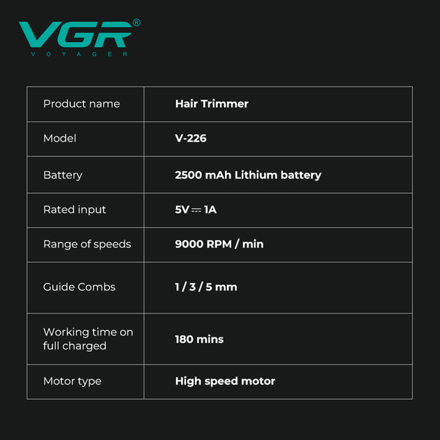 Триммер для стрижки волос аккумуляторный VGR V-226 GOLD, 9000 RPM, 3 насадки, LED дисплей - Фото 3 Триммер для стрижки волос аккумуляторный VGR V-226 GOLD, 9000 RPM, 3 насадки, LED дисплей - изображение 3
