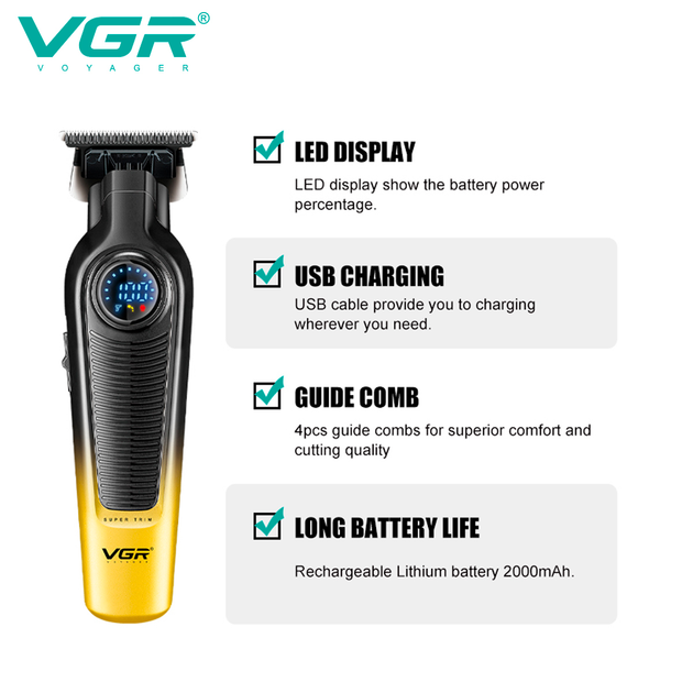 Триммер аккумуляторный для стрижки волос VGR V-996 YELLOW, 4 насадки, LED дисплей - изображение 6