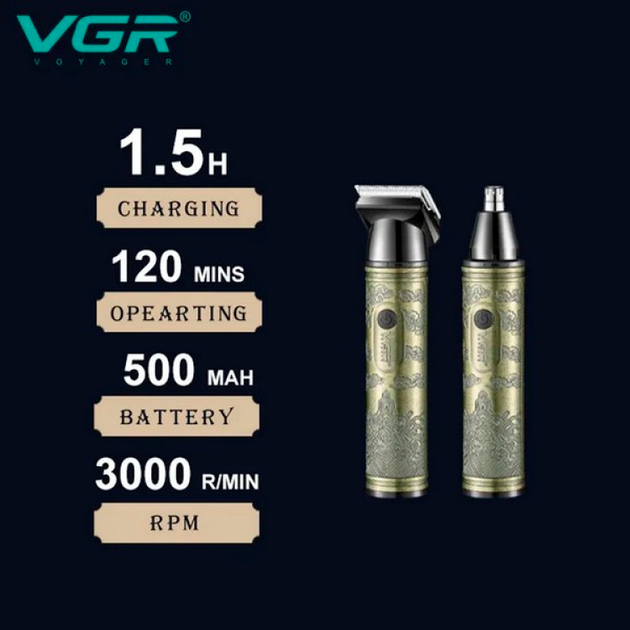 Триммер аккумуляторный для носа ушей и окантовки VGR 2 в 1 V-618, водонепроницаемый, 2 насадки - изображение 5
