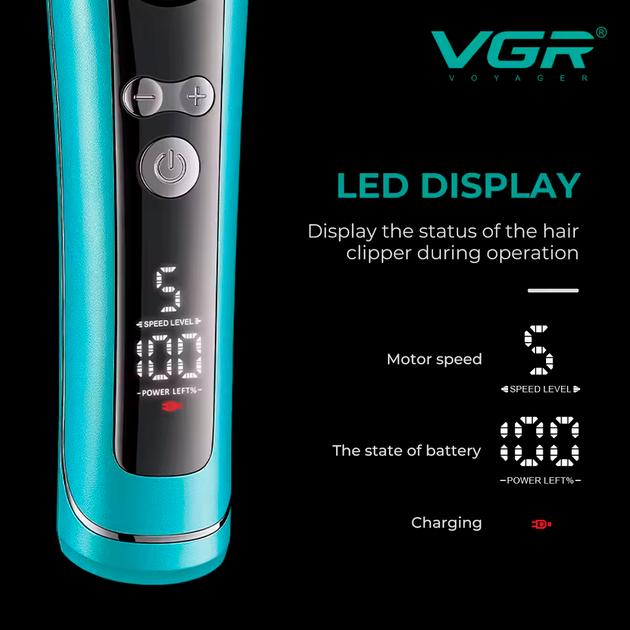 Триммер волос аккумуляторный VGR V-299 BLUE, 4 насадки, 9000RPM, 2000 mAh, 5 уровней скорости, LED дисплей - изображение 9