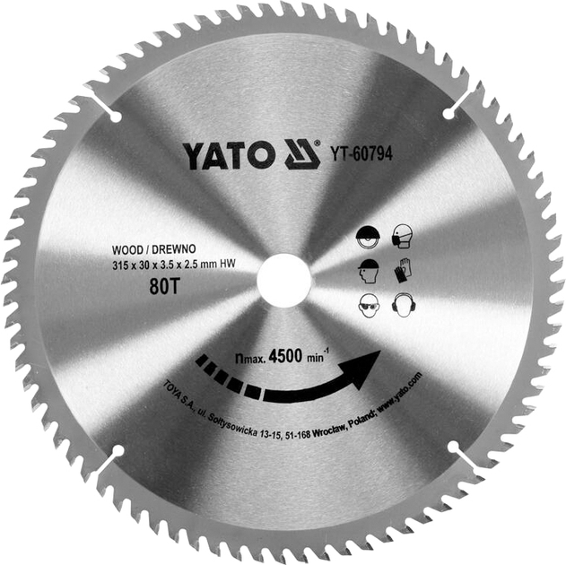 Tarcza tnąca do drewna YATO 315 x 30 x 3.5 x 2.5 mm 80 zębów do 4500 obr./min (YT-60794) - obraz 1