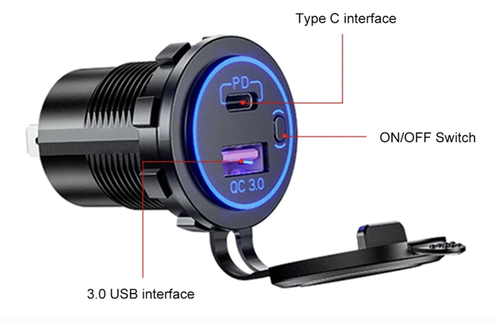 Врезная USB розетка в авто QC 3.0 USB + PD Type-C 12В-24В ЗЕЛЕНАЯ - изображение 3