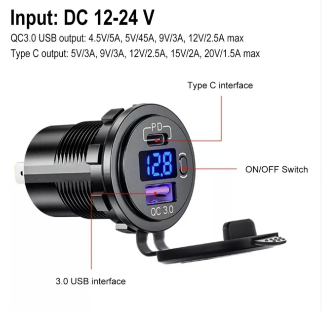 Врезная USB розетка в авто с вольтметром QC 3.0 USB + PD Type-C 12В-24В, зеленая - изображение 4