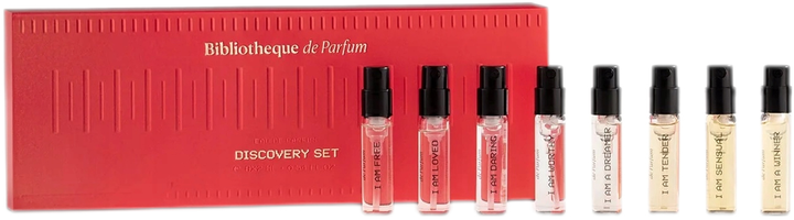 Набір мініатюр для жінок Bibliotheque de Parfum Discovery Парфумована вода I Am Free 2 мл + I Am Loved 2 мл + I Am Daring 2 мл + I Am Tender 2 мл + I Am Worthy 2 мл + I Am A Dreamer 2 мл + I Am Sensual 2 мл + I Am A Winner 2 мл (4820271430728) - зображення 1