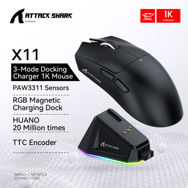 Мышь беспроводная игровая Attack Shark X11 Black/Черная c док станцией - изображение 3