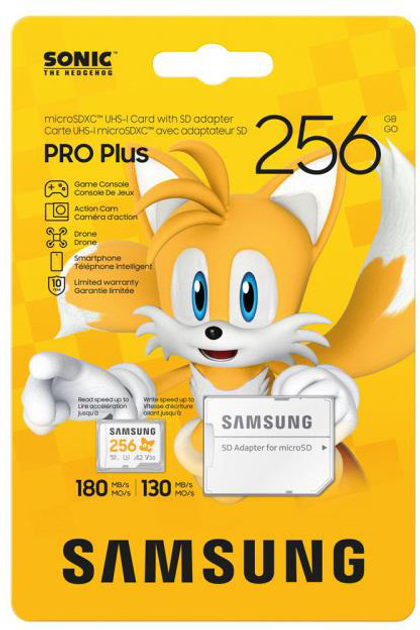 Карта пам’яті Samsung Pro Plus Sonic the Hedgehog microSDXC 256GB Class 10 UHS-I U3 A2 + SD-адаптер (MB-MD256SA/LC1) - зображення 4