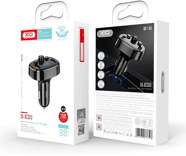 Transmiter FM XO BCC03 Car Charger 18W Bluetooth+QC3.0 Quick Charger Black (6920680877348) - obraz 4