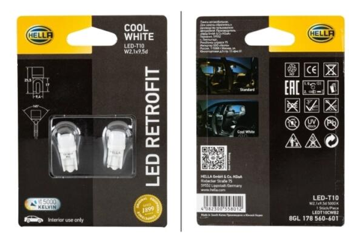 Zestaw żarówek samochodowych Hella LED Retrofit T10 1 W 12 V 2 szt (8GL178560601) - obraz 2