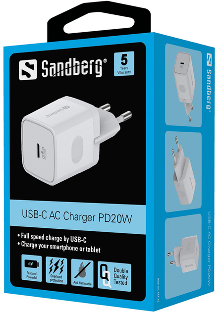 Ładowarka Sandberg USB-C PD QC 3.0 20 W, biała (441-42) - obraz 5